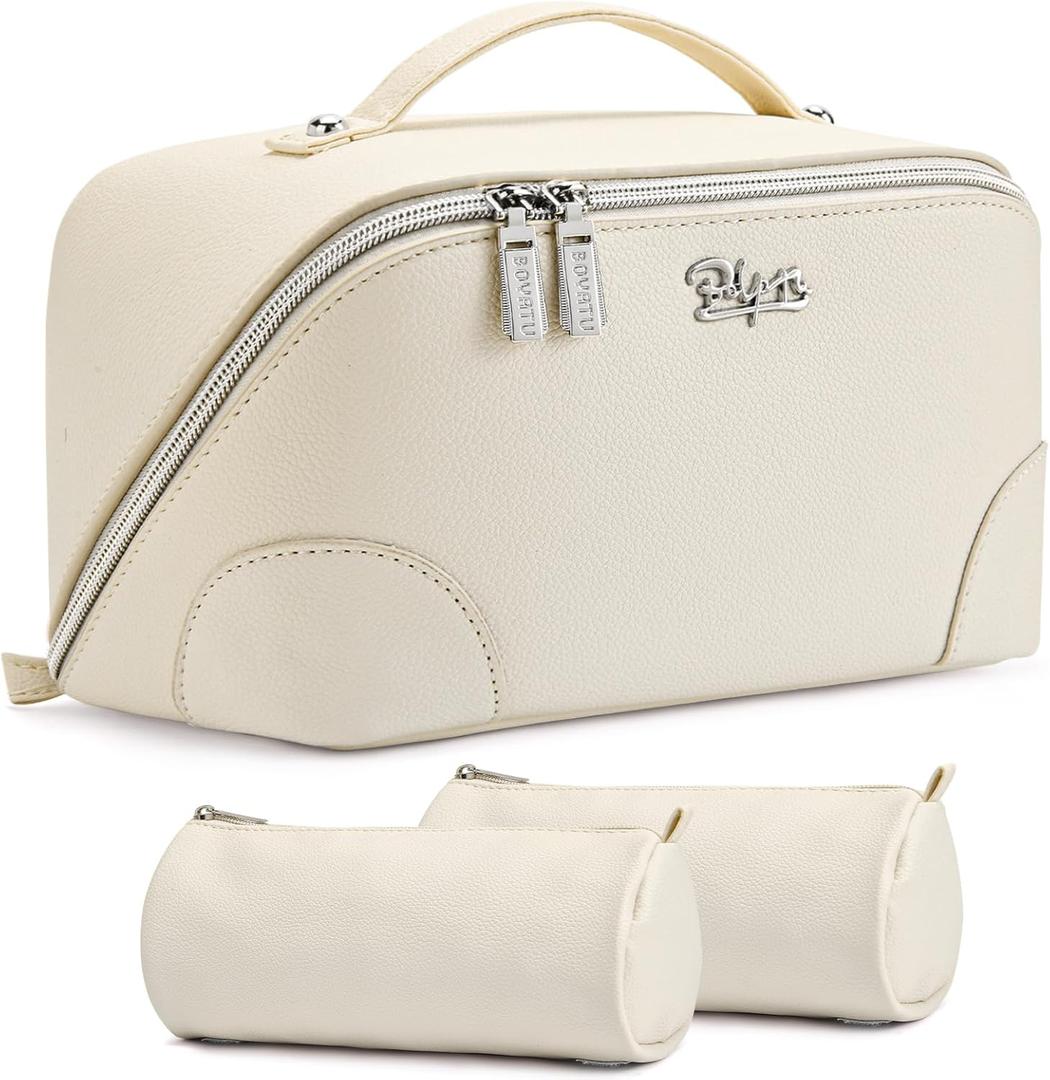 BOYATU Travel Makeup Bag Cosmetic Bags for Women: 3 Pcs Set Large Capacity Make up Bag with Handle - Waterproof Vegan Leather Toiletry Bags Travel Essentials with Compartments(C-3-White)