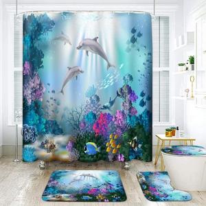 Yizheer 4Pcs Sea Dolphin Coral Shower Curtain Sets with Rugs,Toilet Lid Cover and Bath Mat, Ocean House Curtains Bathroom Decor Set (A-underwater World)