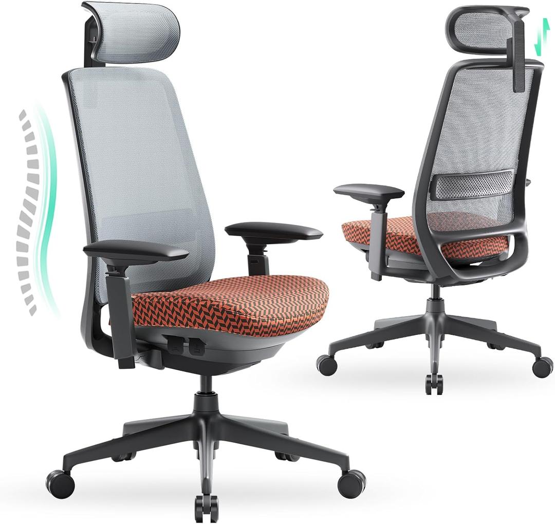 COLAMY Ergonomic Office Chair, Mesh Desk Chair with High Back, Lumbar Support, Adjustable Headrest and 4D Arms, Slide Seat, Tilt Lock-Coral
