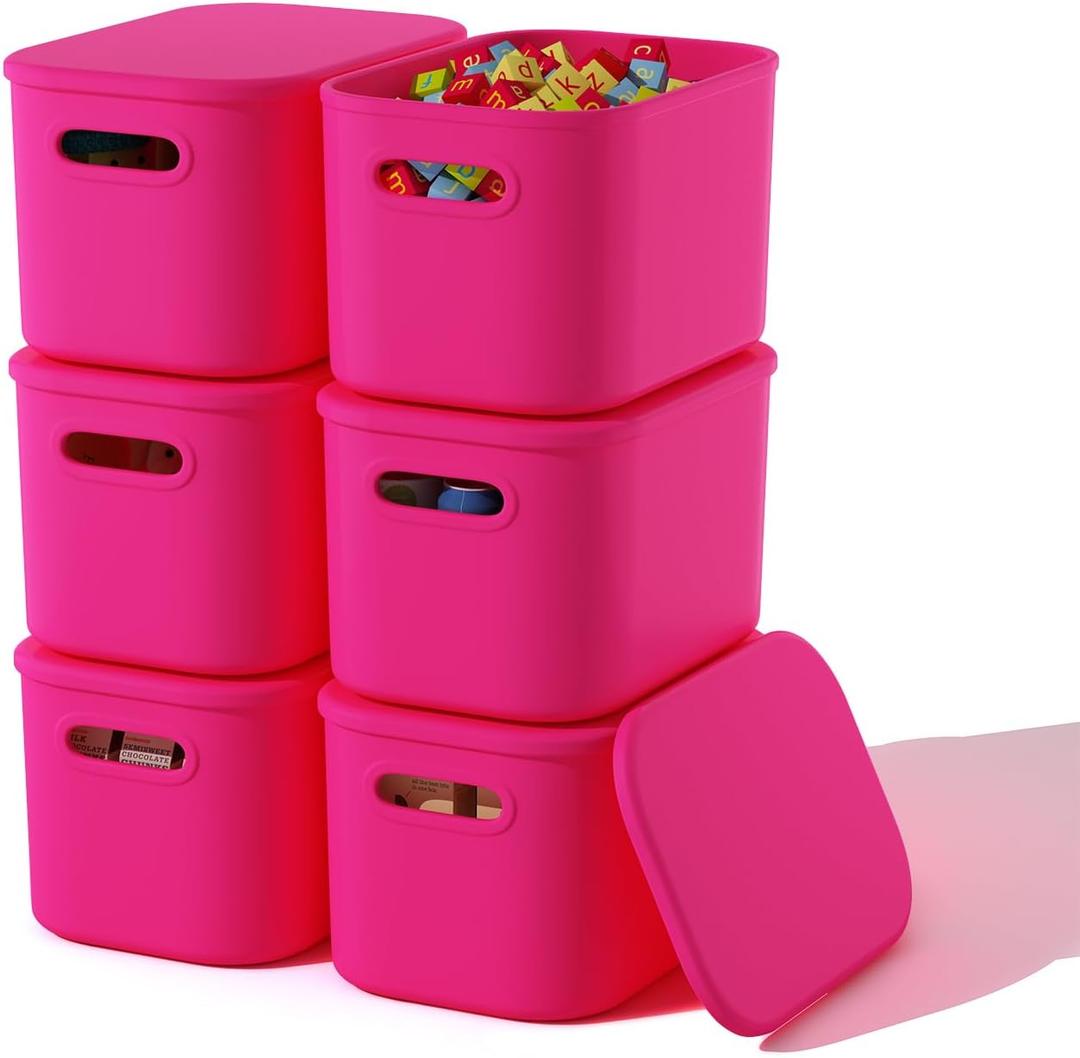 6 Pack Pink Storage Bins with Lids Stackable Storage Container for Organizing, Storage Boxes with Handle for Shelves, Cute Storage Bin for Craft, Snacks, 9.85x6.9x5.7 inch