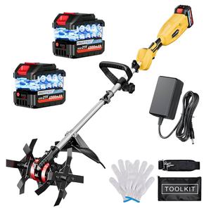 Protmex Cordless Tiller Cultivator, 21V 450RPM Electric Tiller with Battery Level Display, 2 * 4.0Ah Batteries & Charger, Tiller for Gardening, Lawn