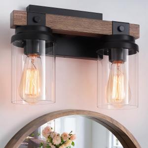 Farmhouse Wood Vanity Light, 2-Light Rustic Black Bathroom Light Fixtures Over Mirror with Clear Glass Shade, Farmhouse Wall Sconce for Bedroom Living Room Dining Room Hallway Farmhouse Wood Vanity Light, 2-Light Rustic Black Bathroom Light Fixtures Over Mirror with Clear Glass Shade, Farmhouse Wall Sconce for Bedroom Living Room Dining Room Hallway