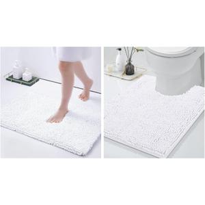 Smiry Luxury Chenille Bath Rug 30"x20" and U-Shaped Toilet Bathroom Rugs 24"x20", Extra Soft and Absorbent Shaggy Bathroom Mat Rugs, Machine Washable, Non-Slip Plush Carpet(White)