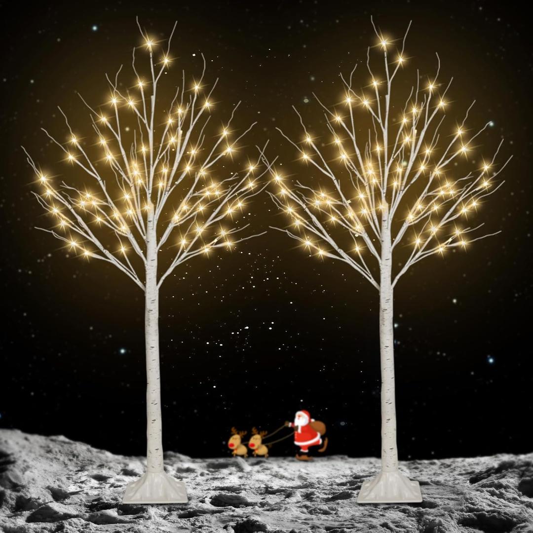 2 Pack 4FT 100LED Christmas Lighted Birch Tree, Timer Function Prelit Artificial Tree Lamp Plug in with Warm White Lights, 2 Modes Twinkling Twig Trees for Indoor Outdoor Party Christmas Decorations
