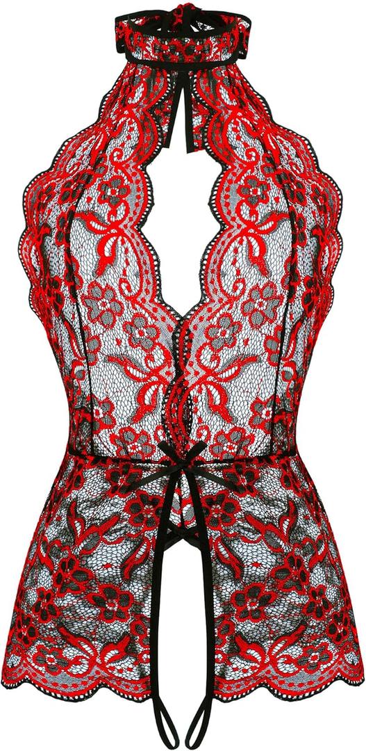 Ababoon Women One Piece Lingerie Lace Sexy Baby Dolls Teddy Sleepwear (Black&red), XL