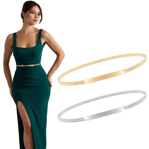 XZQTIVE 2 Pieces Women Skinny Metal Chain Waist Belt Stretchy Saree Cinch Belt for Dress Gold Sliver (Fit waist 30-33 in, 00 Smooth-gold/Silver)