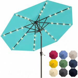 10FT Solar Patio Umbrella with Lights, Outdoor Table Market Umbrella with 32 LED Lights, 8 Sturdy Ribs, Push Button Tilt and Crank for Pool, Deck and Garden, UV-Resistant