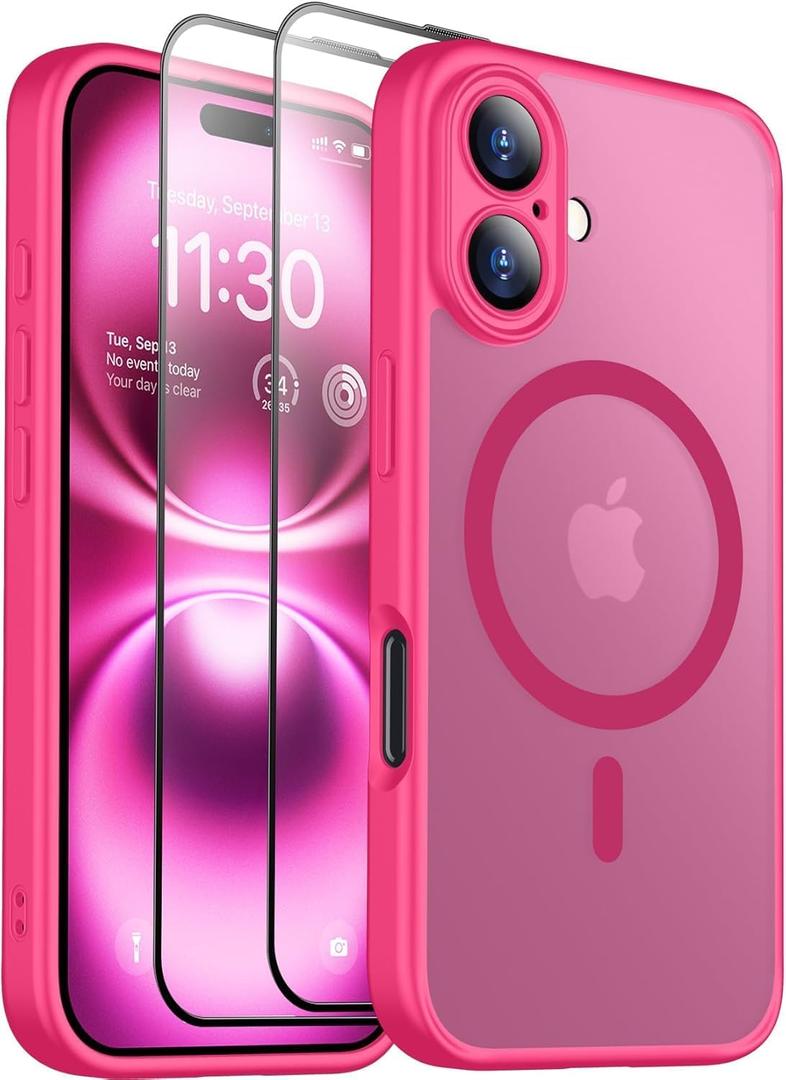 SPIDERCASE Designed for iPhone 16 Case, Magnetic Translucent [2 Tempered Glass Screen Protector] Anti-Fingerprint Anti-Scratch for iPhone 16 6.1, Rose Red