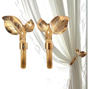 Antique Gold Leaf Curtain Holdbacks, Set of 2 - Wall Mounted Metal Tiebacks, Hooks for Heavy Duty Drape, Ease of Installation