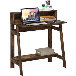 Furinno Simplistic Desk, 32" Wide Gaming Desk with Monitor Stand, A Frame Computer Desk with Shelf, Office Desk for Home Office, Bedroom, Study Room, Dorm, Amber Pine
