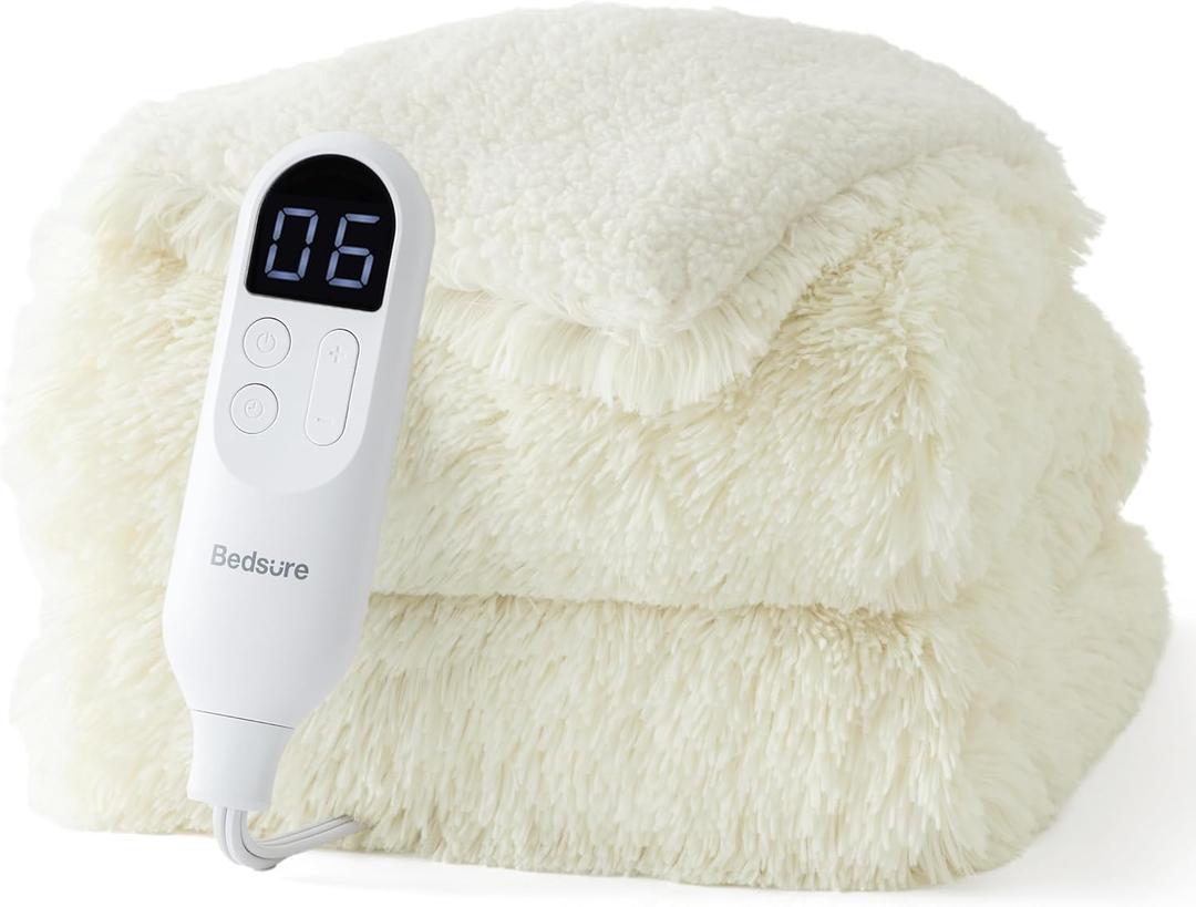 Bedsure Faux Fur Heated Blanket Throw Blanket, Fast Heating Fluffy Electric Blanket, Heated Throw with 4 Time Settings & 6 Heating Settings, Cozy Gifts for Women Men(50x60 inches, Cream)