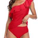 Yonique Womens One Shoulder Tankini Swim Tops Ruffle Bathing Suit Tops No Bottoms (X-Large, Red)