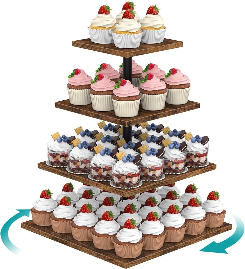 ELITEROO 4 Tier Cupcake Stand, 360 Rotating Cupcake Stand for 50 Cupcakes, Square Tiered Cup Cake Tower Holder, Wooden Dessert Display Stands for Party Wedding Graduation Birthday Baby Shower