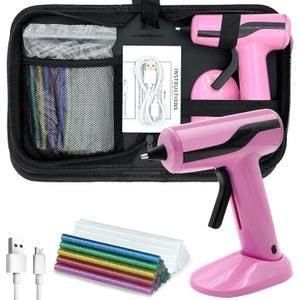 Cordless Hot Glue Gun Kit with 30pcs Mini Glue Sticks, USB Rechargeable Mini Glue Gun with Carrying Case, Stand-Up Base, Smart Power-Off Hot Melt Glue Gun for Crafting, Pink