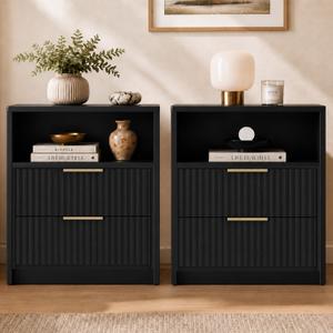 Nightstands Set of 2, Fluted Nightstand with 2 Drawers, Black & Narrow, 17.71" x 13.77" x 22.83"