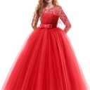 Girls Flower Vintage Floral Lace 3/4 Sleeves Floor Length Dress Wedding Party Evening Formal Pegeant Dance Gown (9-10 Years, Red)