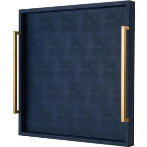 Large Navy Blue Decorative Tray for Ottoman,Stylish Rectangle Coffee Table Tray with Handles,Versatile Serving Tray for Living Room and Home Decor (20" x 20" x 3")