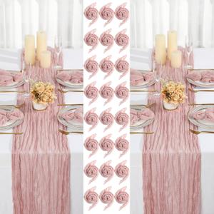 2 Cheesecloth Table Runners and 24 Napkins Set, 10Ft Boho Cheese Cloth Table Runners 20 x 20 Inch Rustic Wrinkled Gauze Napkins for Wedding Birthday Baby Shower(Dusty Pink)