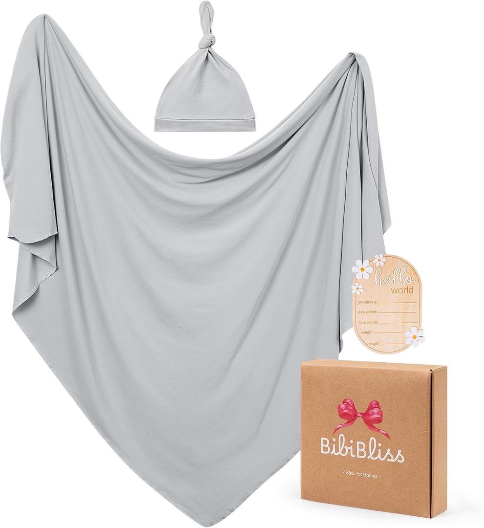 Stretchy Swaddle Blanket for Newborns with Hat & Hello World CardSoft Baby Swaddles 0-3 Months,47"x 47"Supersoft Swaddle Blanket,Receiving Blanket for Boys & Girls (Storm)