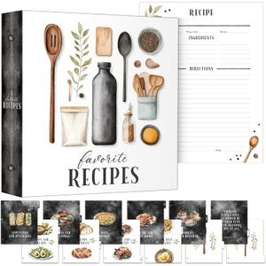 Large Kitchen-Themed Recipe Binder  11.5 x 12 | Includes 25 Clear Plastic Protective Pages, 25 Recipe Sheets, 12 Dividers | Black with Kitchen Utensils Design