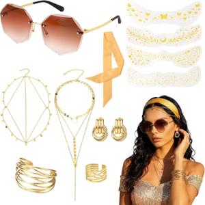 JATEBI 11Pcs 70s Disco Accessories for Women Disco Costume Accessory Set Coil Bracelet Rings Earrings 70s Sunglasses Layered Necklace Sequin Head Chain Face Tattoo Stickers for Party Cosplay