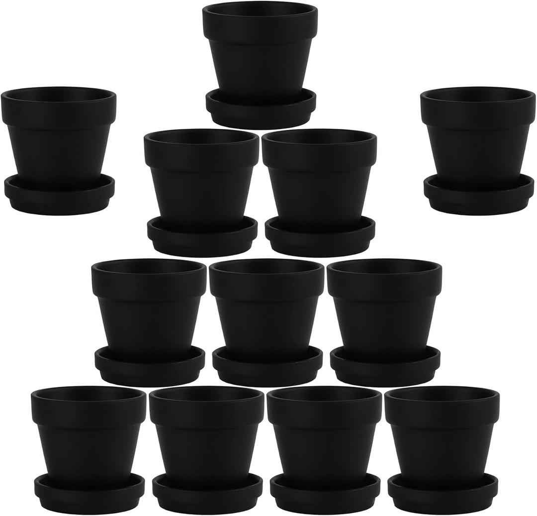 Yishang Black Terra Cotta Pots with Saucer - 12-Pack Large Terracotta Pottery 3'' Clay Planter Cactus Flower Succulent Pot with Drainage Hole