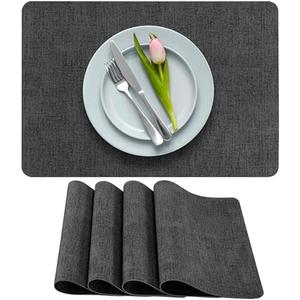 More Décor Faux Leather Placemats Set of 4 for Dining Table – Waterproof, Wipeable, Washable, Stain & Heat Resistant, Non-Slip Table Mats – 12 X 17 Inch, Dark Grey