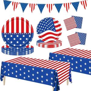 4th of July Decorations, 4th of July Paper Plates and Napkins, Patriotic Party Supplies Sets, American Flag Theme Plates Napkins Tablecloth, Banner, Red White Blue Decorations, Serve 25