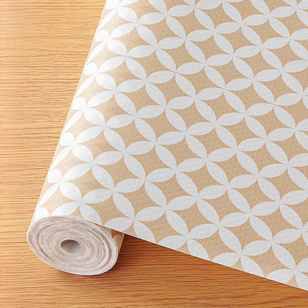 Cooyes Shelf Liner for Kitchen Cabinets  Non-Adhesive Waterproof EVA Liner for Drawers and Cabinets  Durable, Easy-to-Cut Shelf Paper with Modern Pattern (17.5"W x 78.7"L, Khaki)