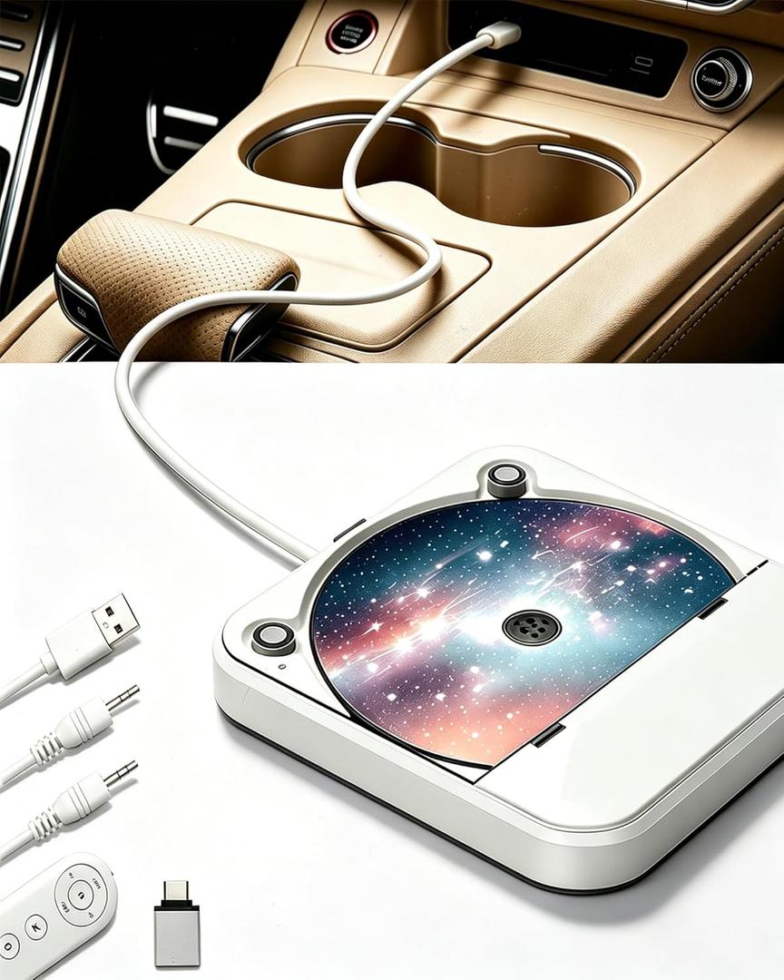 Portable External CD Player for Car & Home, USB/Type-C/AUX CD Drive with Anti Skip Protection & Remote Control, Plug & Play, Compatible with Car Stereo, TV, Laptop, PC, Android 4.4+ (White)