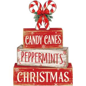 4 Pcs Christmas Candy Cane Table Decor Christmas Wooden Decorative Signage Red and White Stripes Candy Cane Xmas Tiered Tray Decor Centerpieces Farmhouse Wooden Block Set for Home
