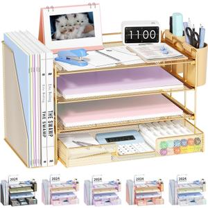 OPNICE Desk Organizer, 4-Tier Desktop File Organizer with Drawer and 2 Pen Holders, Office Desk Accessories, File Sorters, Workspace Organizers for Office Supplies(Gold)