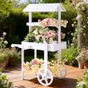 Flower Cart Display Stand with Wheels, 3-Tier Wooden Candy Cart for Party, White Dessert Cart with Canopy Roof for Weddings, Bridal Shower, Baby Shower, Market & Event Decor
