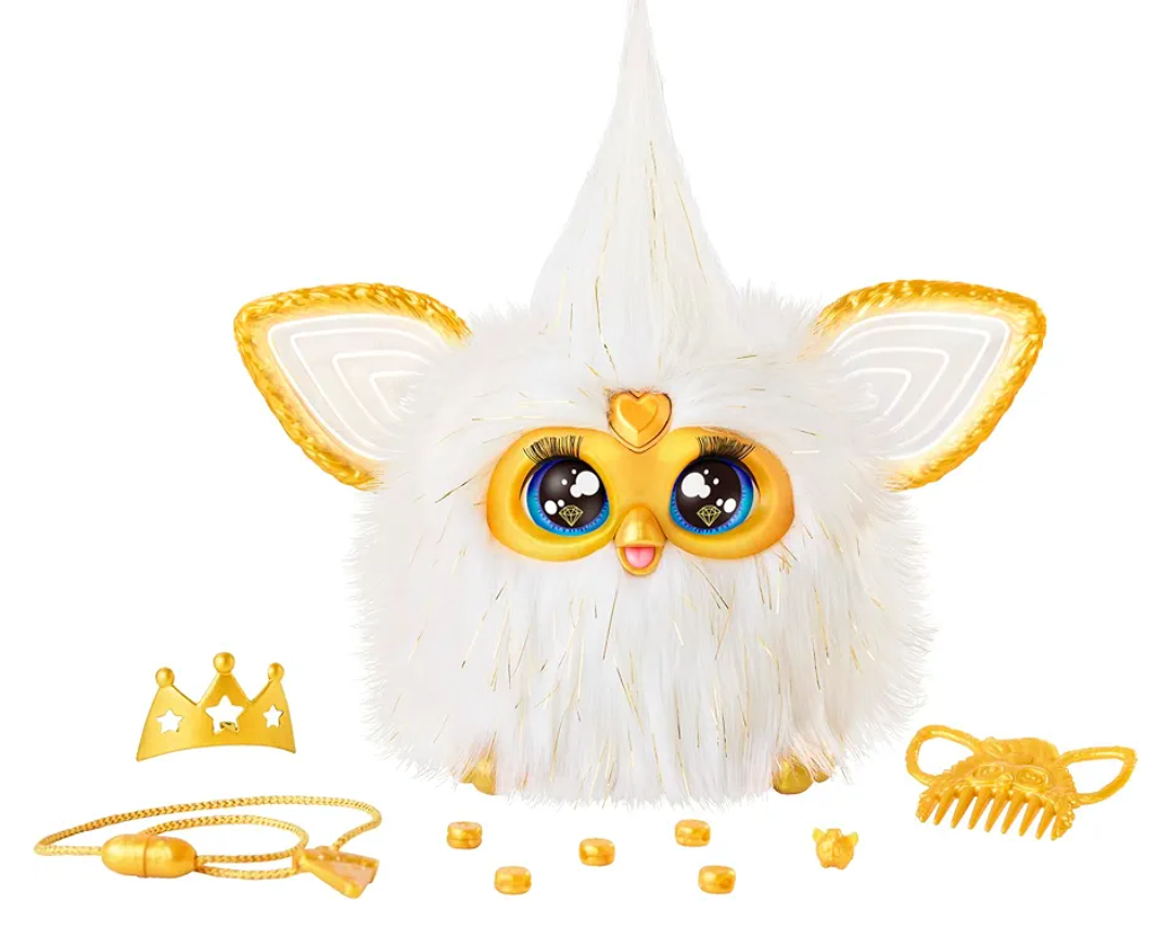 Furby Gold Glam Interactive Plush Toys for 6 Year Old Girls & Boys & Up, Voice Activated Animatronic, Speaks English & Furbish, White 