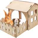 Fhiny Wooden Rabbit Castle Hideout with Fence, Small Animal Rest and Play House Hideaway with Window Detachable Rabbit Bed Hut Bunny Castle for Indoor Chinchilla Guinea Pig Hedgehog