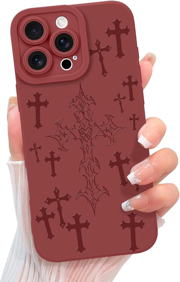 KANGHAR for iPhone 16 Pro Max Case Aesthetic Blessed Cross Jesus Christian Goth Designed for Women Girls Men, Full Camera Protection Slim Fit Soft TPU Shockproof Protective Cover - Wine Red