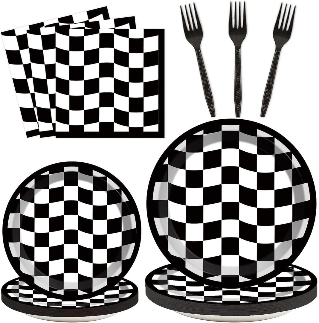 96PCS Race Car Birthday Party Decorations Black and White Checkered Plates Sports Themed Table Supplies Decorations Racing Dessert Plates Napkins Forks for 24 Guests Racing Car Birthday Party Favors