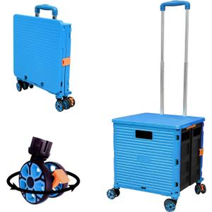 FELICON SELORSS Foldable Utility Cart Folding Portable Rolling Crate Handcart with Durable Heavy Duty Telescoping Handle Collapsible 4 Rotate Wheels for Travel Shop Move Luggage Laundry (Light Blue)