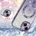 NITITOP Compatible with iPhone 15 Case Cute Clear Glitter [Compatible for MagSafe] Plating Heart Sparkle Bling Magnetic Girl Women Electroplated Frame Camera Protection Back Cover - Purple