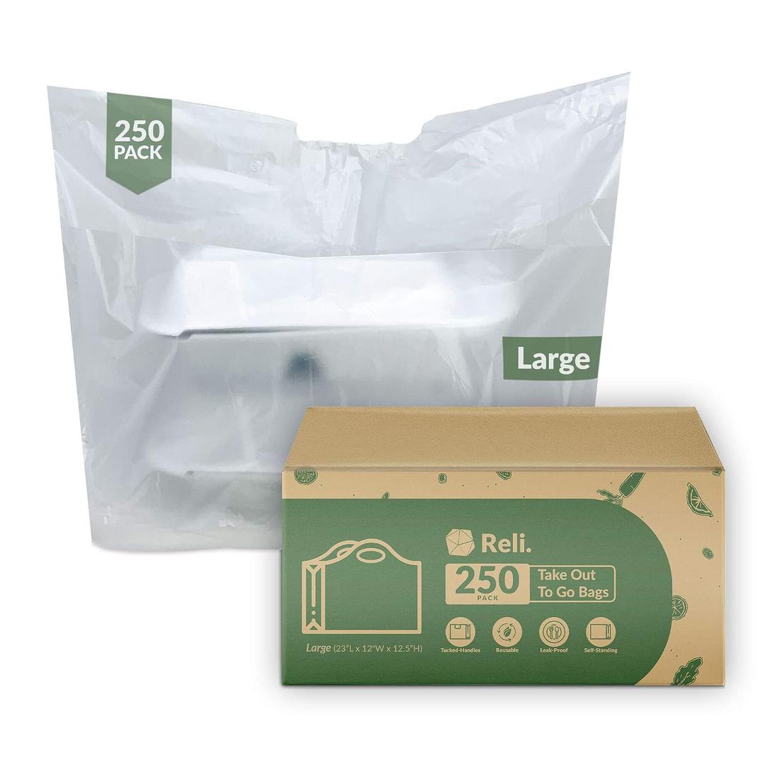 Reli. To Go/Take Out Bags (250 Count Bulk)(Large 23"L x 12" W x 12.5"H) Reusable Plastic Bags with Handles | Die Cut Handle - Plastic | Use for Shopping, Business, Carry Out, Restaurant