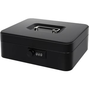 Cash Box with Money Tray and Combination Lock - Metal Money Box for Cash, Petty Cash Lock Box for Christmas Gift 9.84" x 7.87" x 3.54" Black (Large)