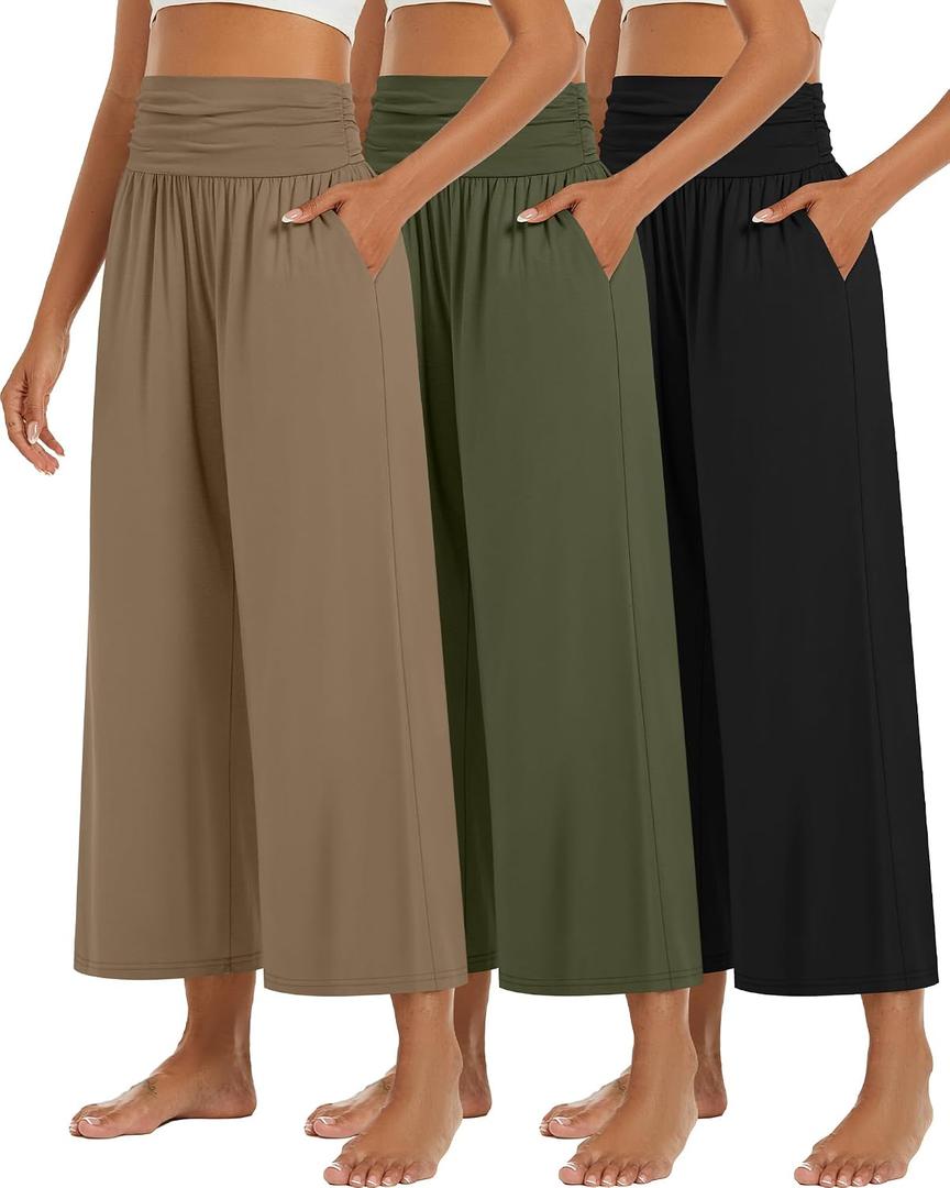 Huukeay 3 Pack Wide Leg Pants for Women, Lounge Yoga Pants High Waist Loose Casual Trouser Cropped Palazzo Capri with Pockets S