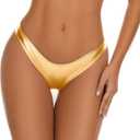 Kepblom Women's Rave Bottoms - Metallic Bikini Bottoms Shiny Low Rise High Cut Cheeky for Festival Clubwear Dance Party (Large, Shiny Gold)