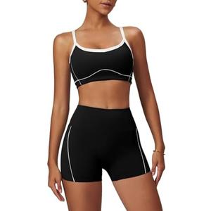 QBGJTD Two Piece Women Workout Sets Color Block Sports Bra and Scrunch Butt Lifting Shorts Gym Yoga Active Wear Outfits, Black, XL