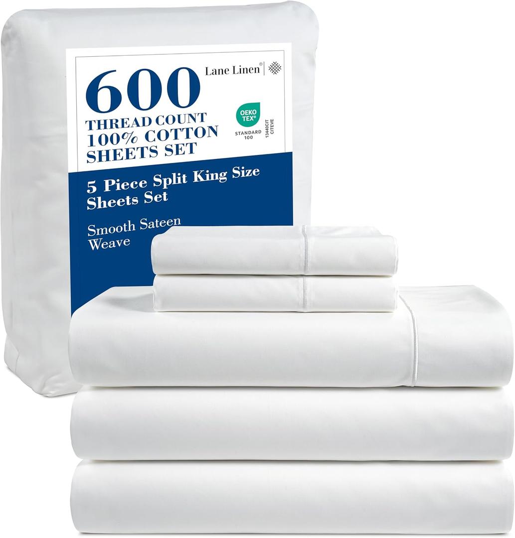 LANE LINEN 600 Thread Count 100% Cotton Split King Sheets Set for Adjustable Beds, 15" Deep Pocket Soft & Comfy Sustainably Produced Split King Sheet, Naturally Cooling Cotton Sheets -White