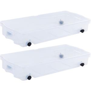 Rubbermaid 70 Quart Under the Bed Low Profile Storage Boxes with Dual Hinged Lids and Easy Rolling Caster Wheels, Clear, 2 Pack