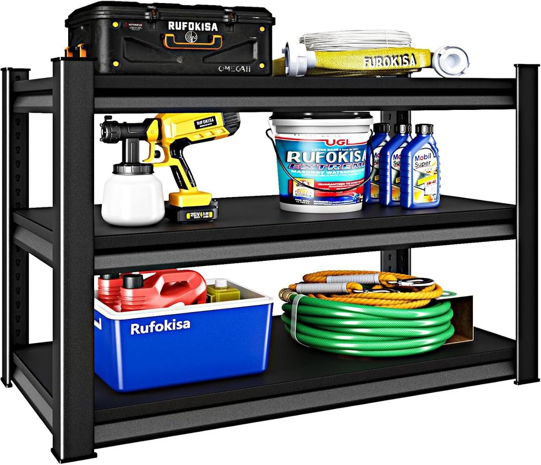 40" W 3-Tier Garage Shelving Heavy Duty, 1500LBS Loads Garage Storage Shelves, Metal Shelving Units and Storage Racks, Industrial Utility Shelf Heavy Duty,40" Wx16 Dx36 H, Black, 40"W16"D36"H