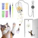 2-in-1 Hanging Cat Toy for Indoor Cats, Interactive Door Hanging Teaser & Treat Dispenser, Self Play Kitten Toy with Feather, Springs & Rope, Boredom Relief for Home Alone Cats