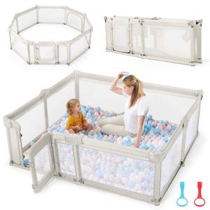 Sweeby Foldable Baby Playpen, Baby Gate Playpens for Babies and Toddlers 71x59 Extra Large Play Yard with Door Fence with Mat and Indoor Play Pen, Beige