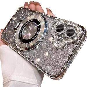 Changjia Magnetic Kickstand Glitter Case for iPhone 16,[Compatible with Magsafe] Luxury Bling Sparkly Diamond Rhinestone with Camera Lens Protector Soft TPU Women Girls Case for iPhone 16 6.1",Silver